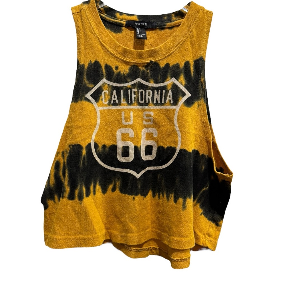 Forever 21 US 66 Graphic Tie Dye Crop muscle tee Small Black Yellow - Picture 3 of 7